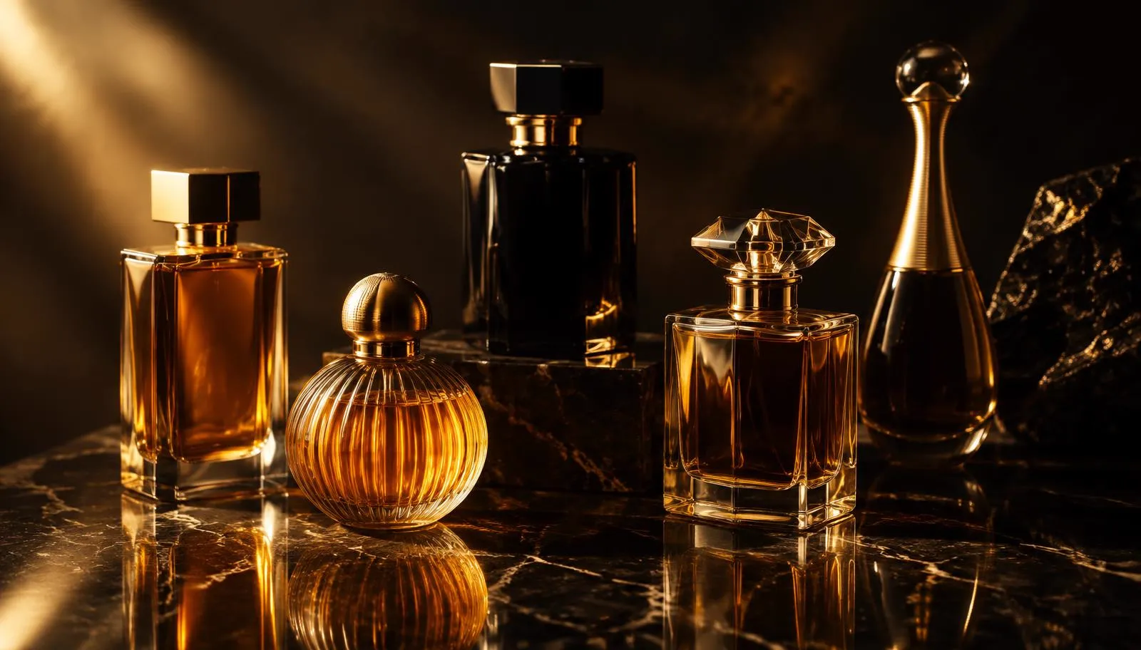 Frascos de perfume con detalles dorados